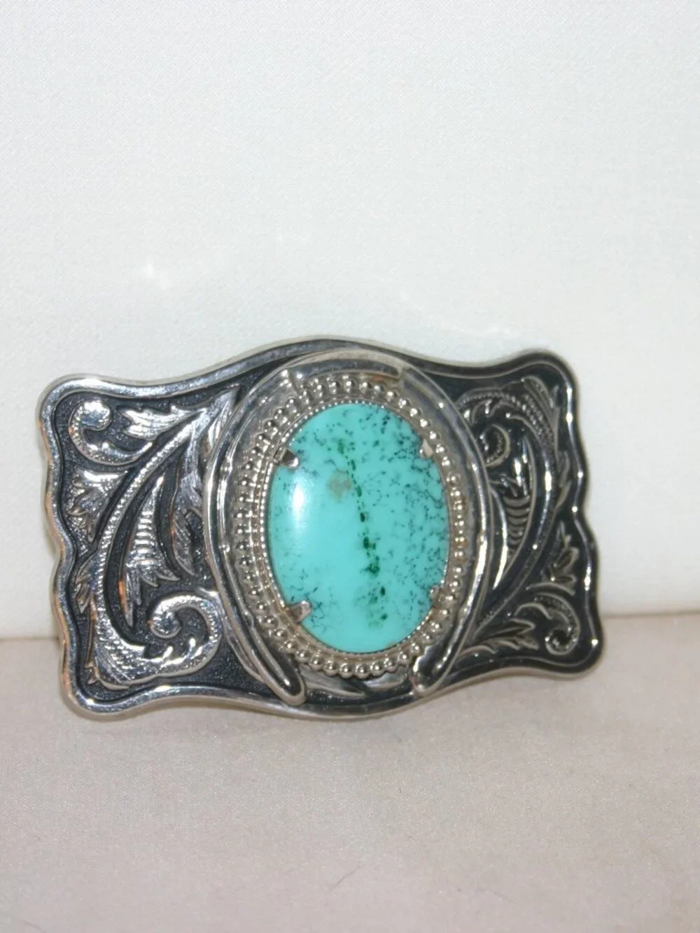 Silver Tone Men's Metal Belt Buckle with Turquoise Center B-330
